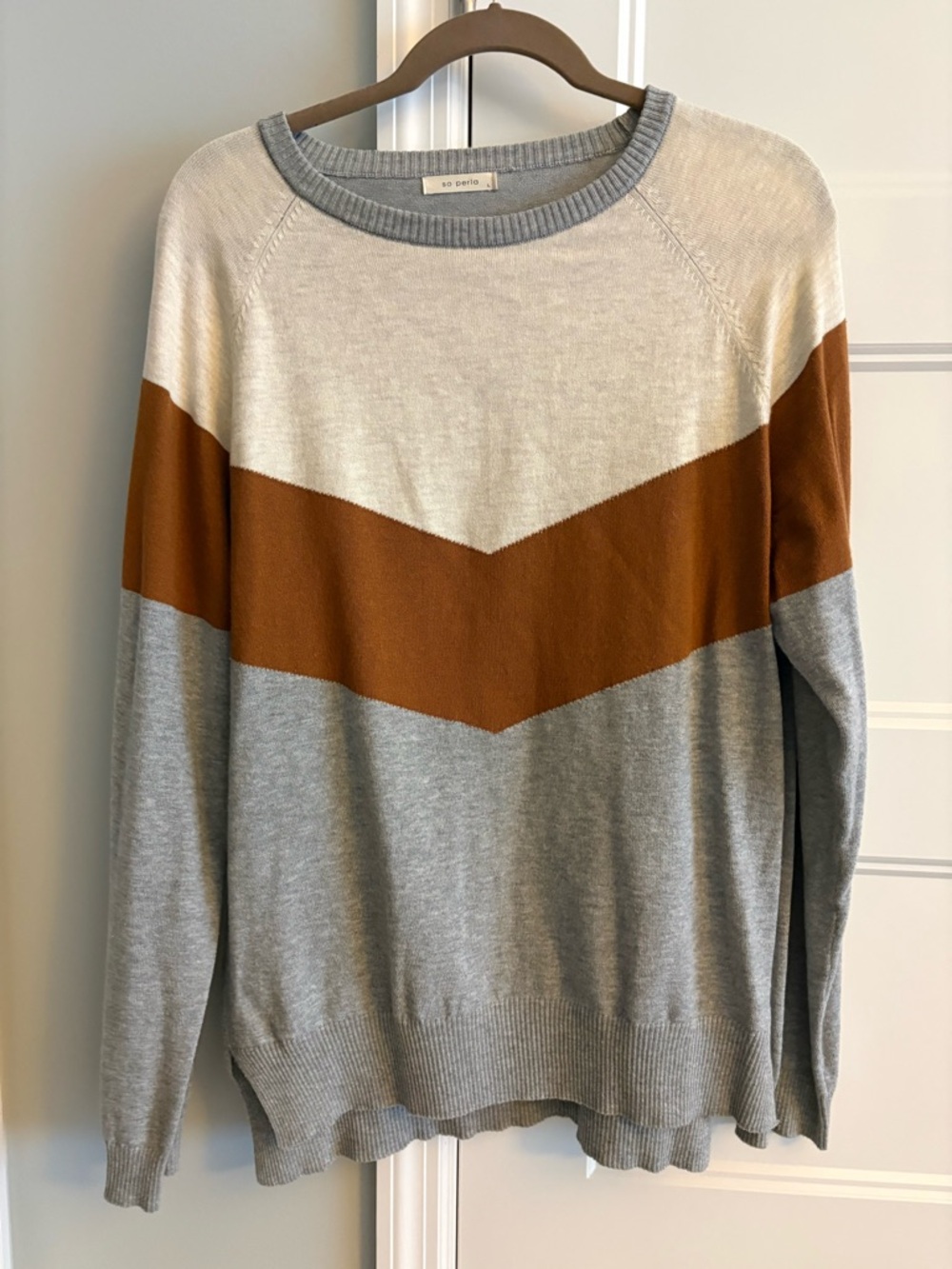 Women’s Colorblock Chevron Knit Sweater - Gray, Cream & Rust